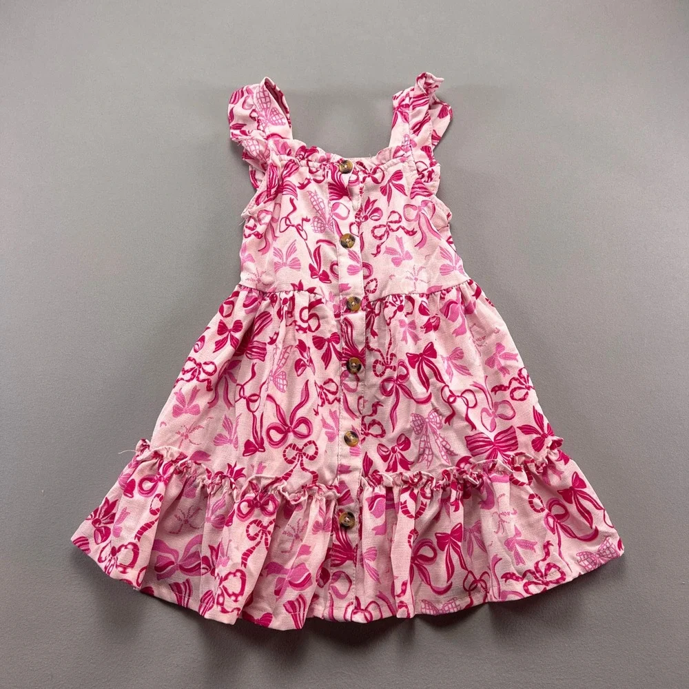 Nannette A Line Dress Girls 5 Pink All Over Bow Print Ruffle Shoulder Straps